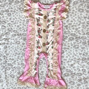 Toddler NWOT Girls Pink Floral Bunny Lace Ruffle Jumpsuit